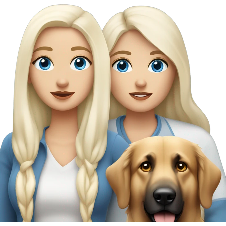 Blue eyed woman with long straight white hair with a German shepherd with a crooked ear and a golden retriever  emoji