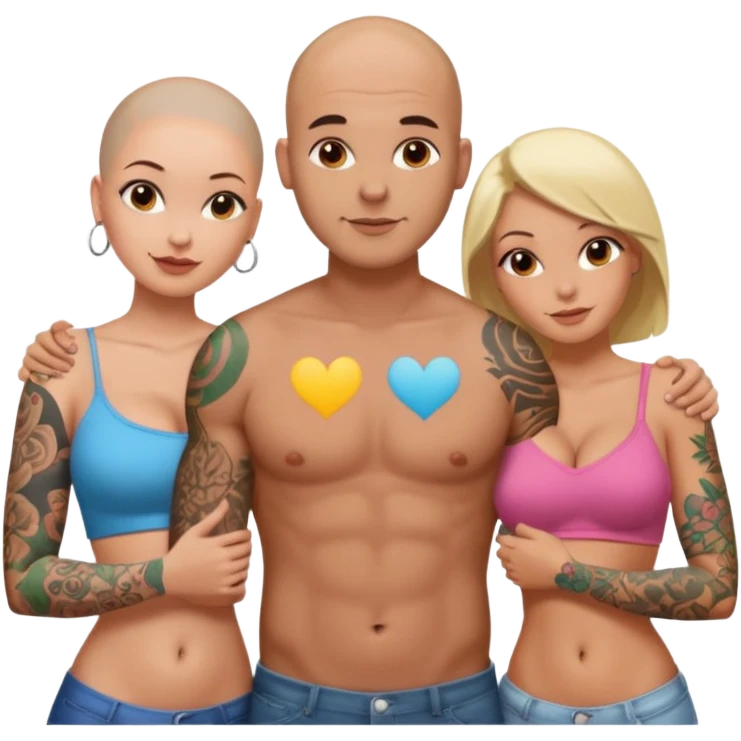 throuple tattooed sleeves bbald male with topless naked big boobed brunette and topless naked big boobed blonde girlfriends  lovingl  and sexy polygamy  emoji