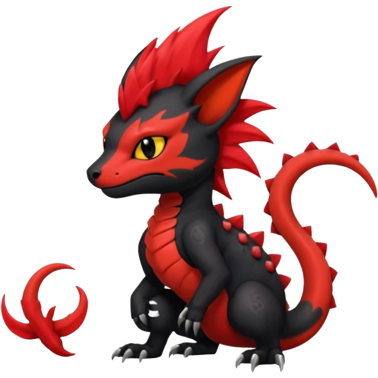 Shiny cool badass Fiery gothic evil black and red salandit-Liten-torracat with a red Mohawk  emoji