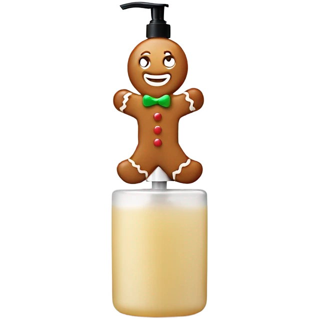 Gingerbread man on a hand soap container he is happy emoji