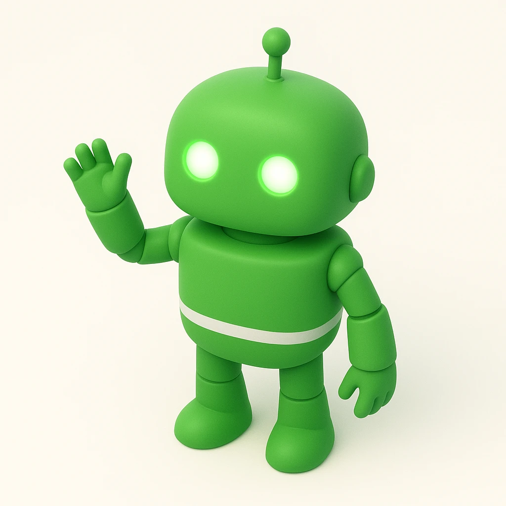 3D green robot waving, with glowing eyes emoji