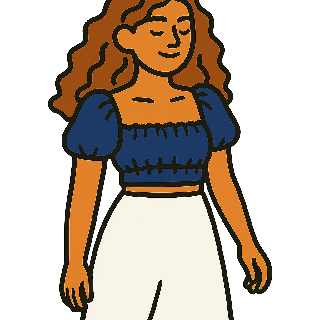tan girl with wavy hair, white long skirt, navy blue ruched square neck crop top emoji