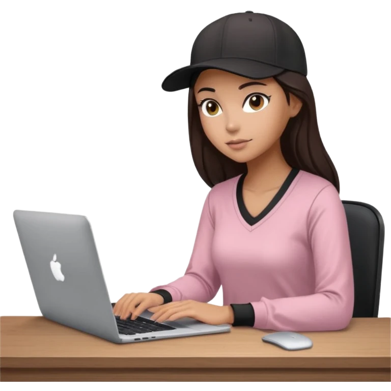 A professional 3D avatar of a young woman with olive skin and long, dark brown hair, wearing a dark, long-sleeved V-neck dusty pink shirt and a black baseball cap. She's sitting at a sleek wooden desk, typing and looking at a silver MacBook.  emoji