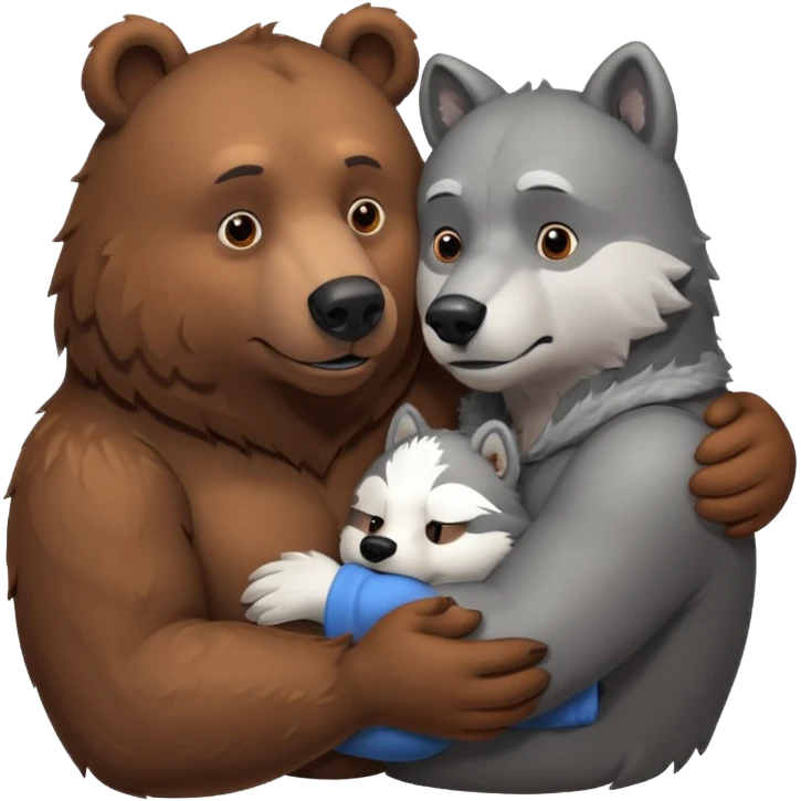 A beefy brown bear cuddling a grey wolf. Both of them are males and in love.  emoji