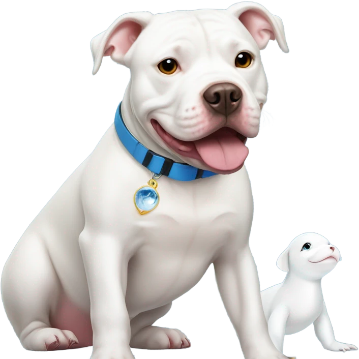 White pitbull with a collar that spells out Ice next to beluga whale  emoji