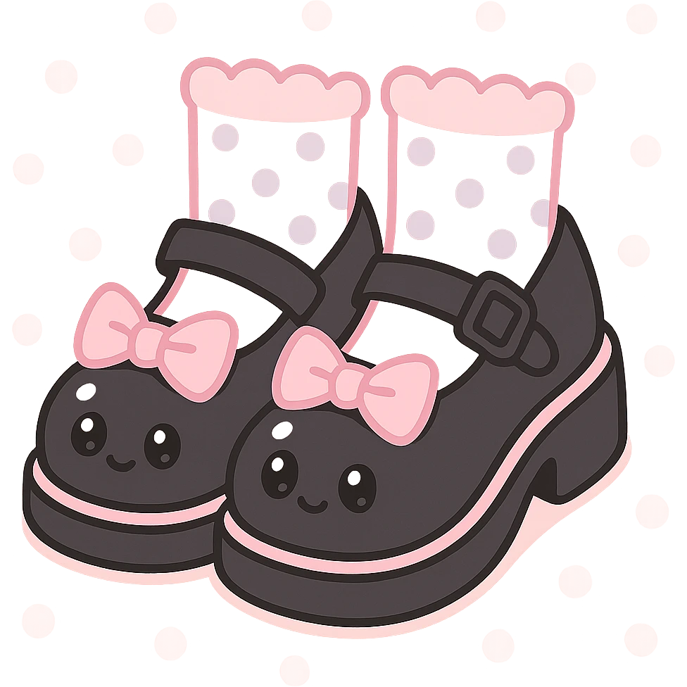 BLACKPINK-inspired gothic shoes, no hearts, black and pink, cute and stylish, kawaii style, mary jane shoes with bows, pastel polka dot socks emoji