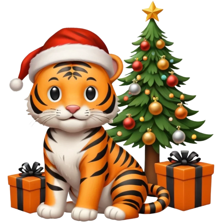 Happy tiger by a Christmas tree with gifts wearing a Santa hat in a decorated room emoji