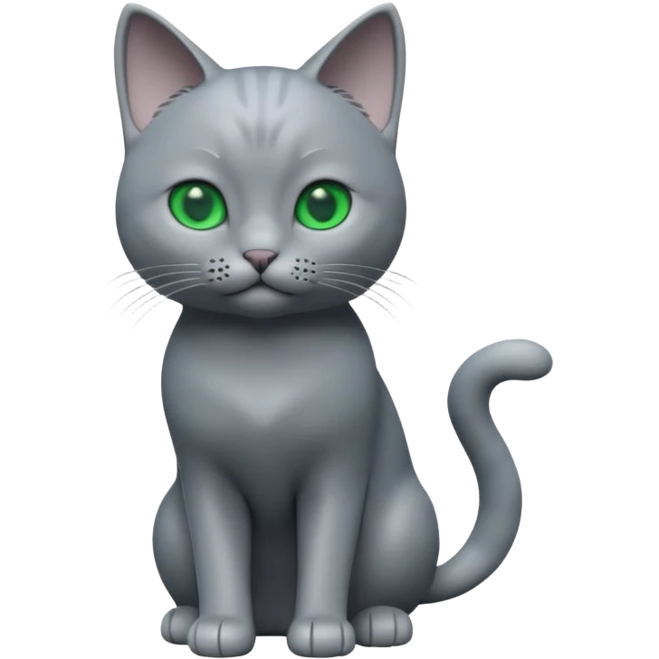 A 3D cartoon Russian Blue cat in cool silver-gray tone, smooth fur, green eyes, sleek lighting, cinematic 3D Memoji style. full body or half body. emoji