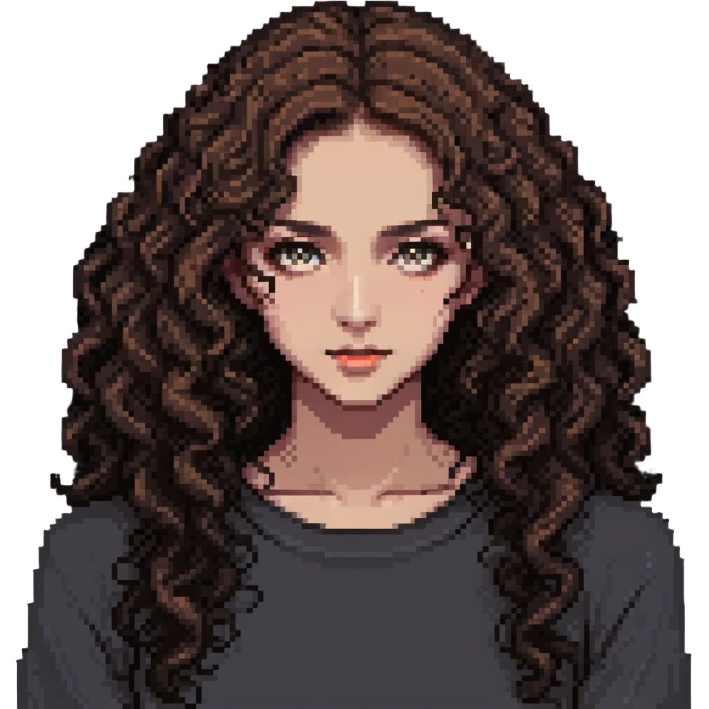 girl with longer curly hair parted on the side, dark eyes and light makeup emoji