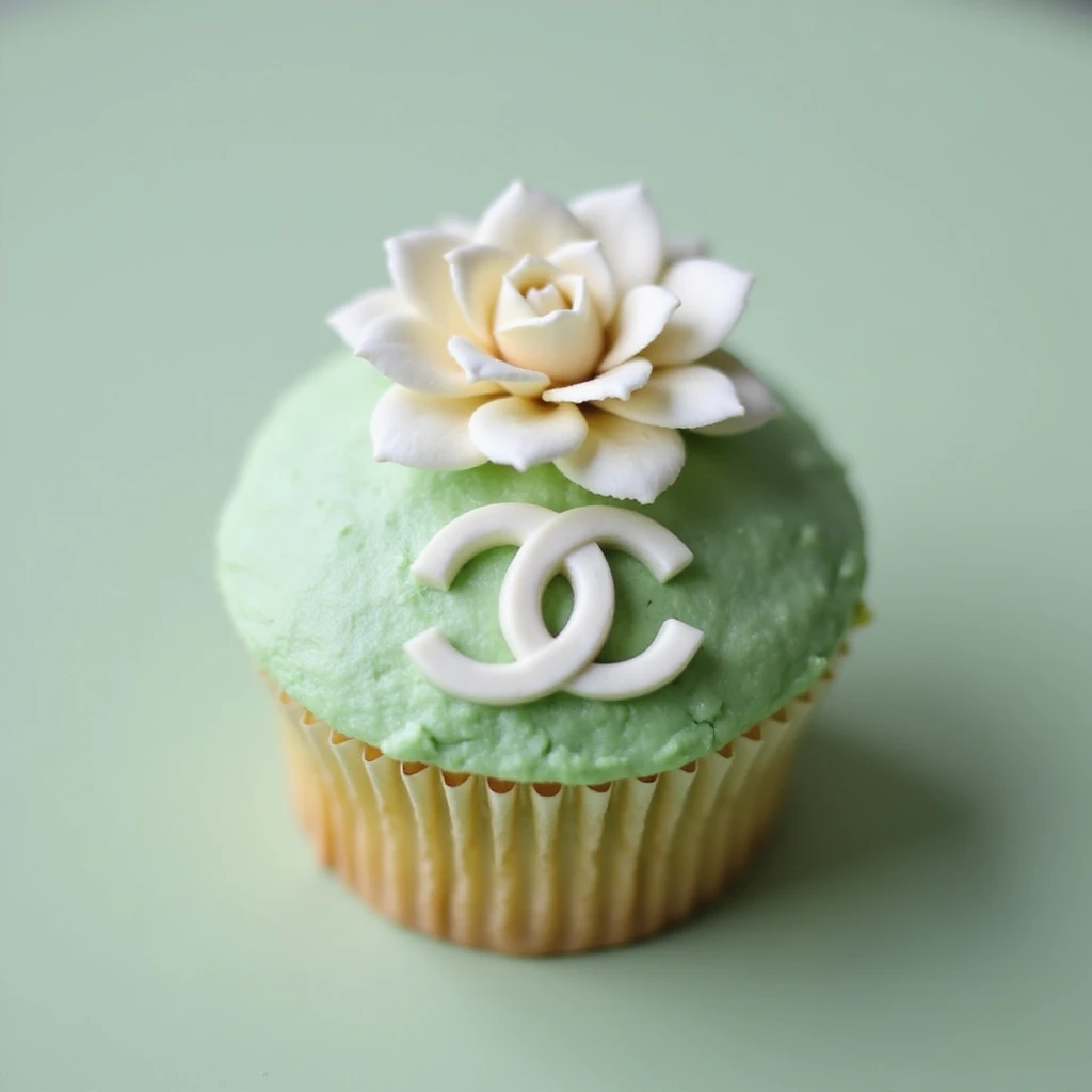 photorealistic pastel green Chanel cupcake with a white camellia flower and edible logo, no background emoji