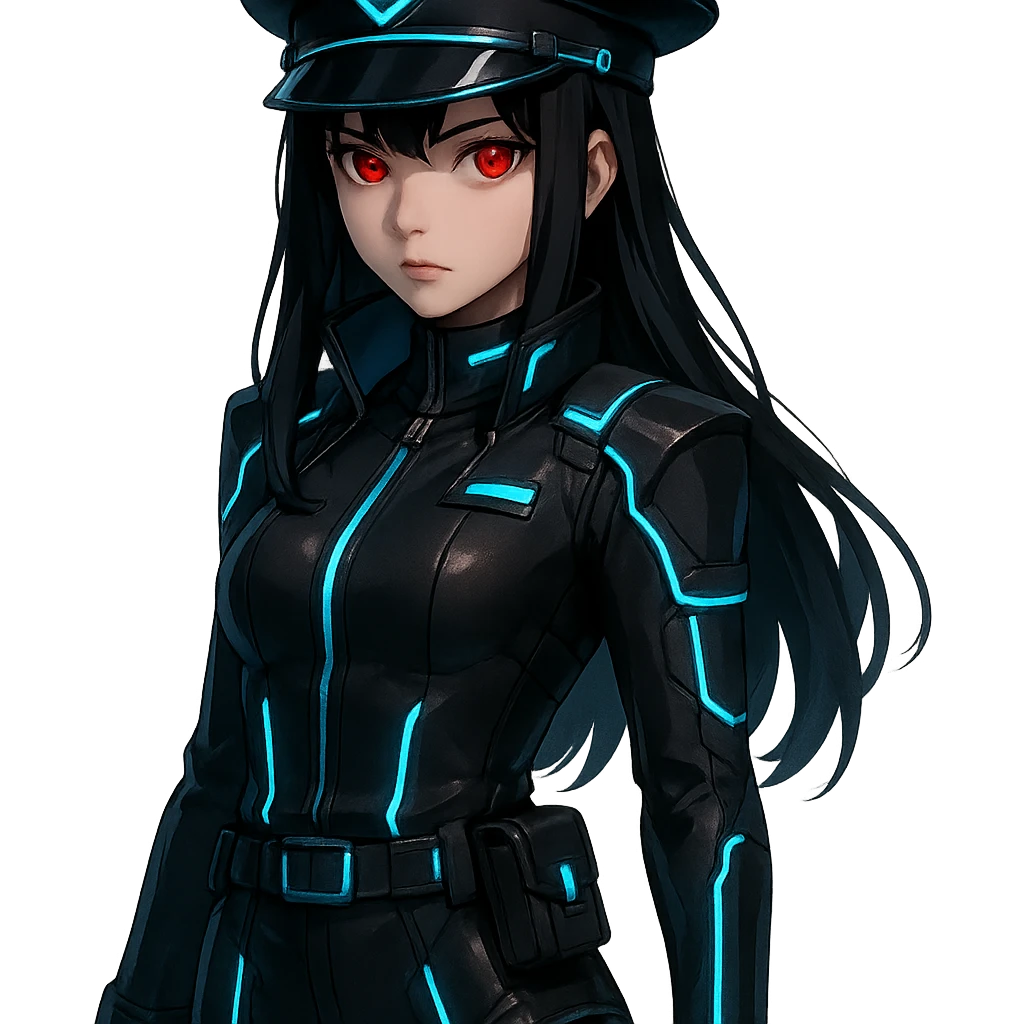 dark-haired, red-eyed girl in a cyberpunk-inspired officer uniform, futuristic, glowing accents, high-tech emoji