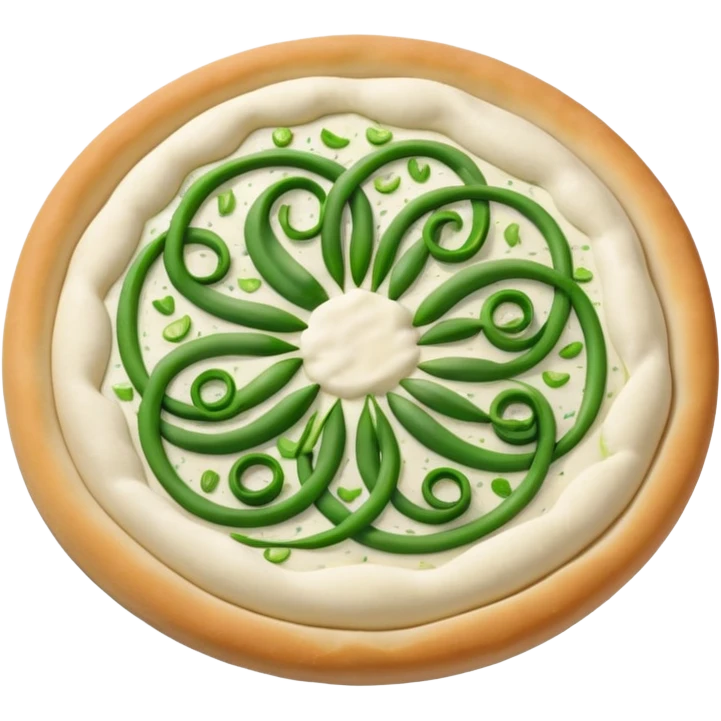 round pizza dough with vibrant green garlic scapes emoji