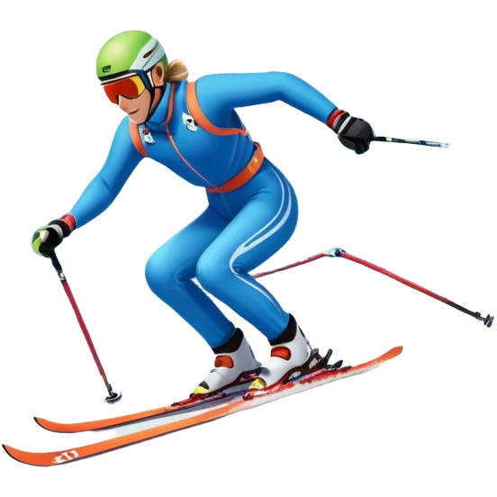 An icon featuring a skier racing down a snow-covered slope, surrounded by snowy peaks, pine trees, and a picturesque mountain landscape. The sky is blue with soft clouds, capturing the thrill and beauty of alpine skiing. Transparent background  emoji