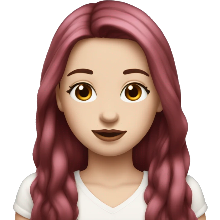 Long dark red middle part hair very Long lashes, white skin and pink lips, braces emoji