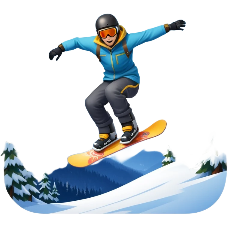 An icon showing a snowboarder performing an exciting jump on a snow-covered slope. The background features towering mountains, snow-covered trees, and a bright, clear sky. Transparent background highlights the speed, agility, and thrill of snowboarding. emoji