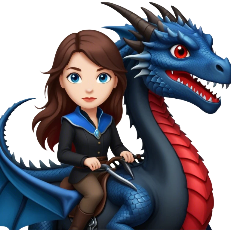 Me, a white female with long brown hair, and blue eyes, wearing black and red, and riding a VERY BLACK wyvern/dragon with HINTS of RED, to your work emoji