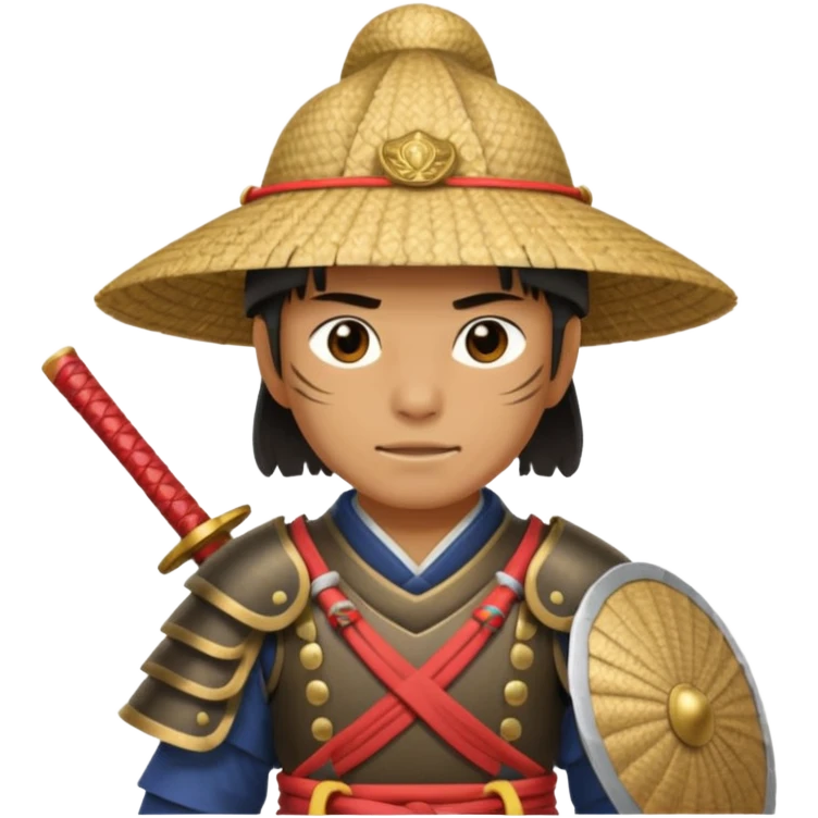 Samurai with straw hat, Warrior in armor holding wide hat emoji