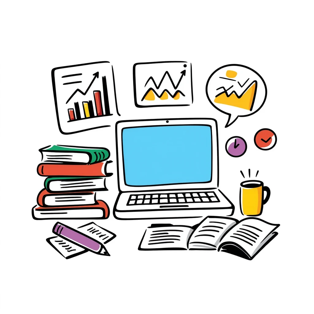 Academic research illustration showing a desktop with laptop, stacked reference books, coffee mug, and analytical charts and graphs. Hand-drawn colorful doodle with blue screen, vibrant book covers, and colorful data visualizations. emoji