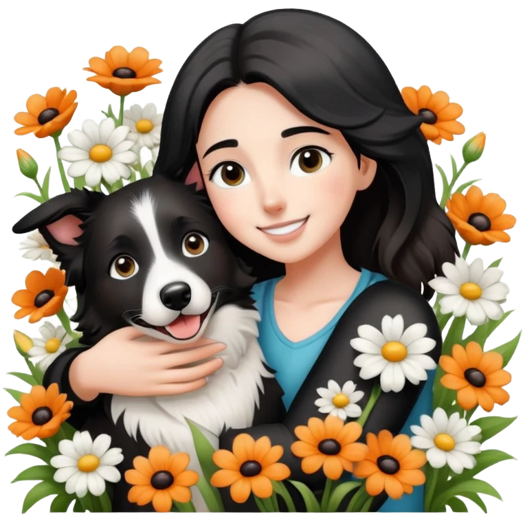 A girl happily hugs a black and white border collie in the flowers emoji