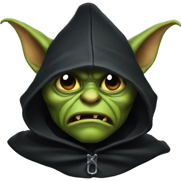 Goblin head, wearing a dark cape, hood,  front view,  emoji