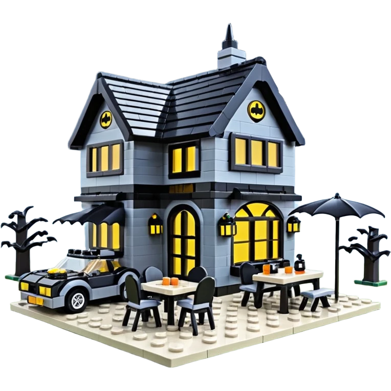  Ultra cute futuristic Lego Haunted Batman and pretty Catwoman dream house Caravan with picnic table and folding chairs alone at romantic night  emoji