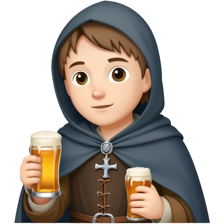 young medieval pilgrim with cloak and beer bottle emoji