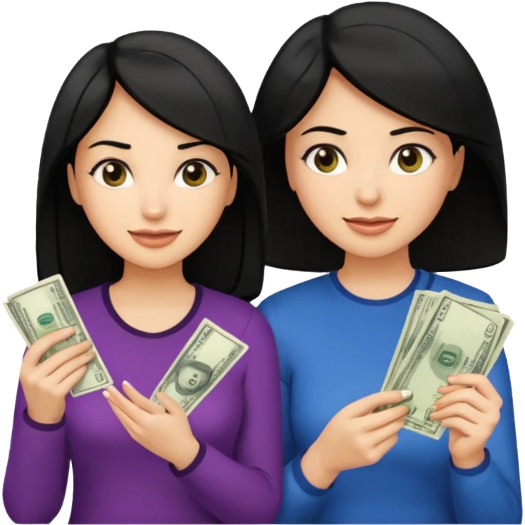 Chica cabello negro, en el marketing digital, que esté preocupada por facturas y otra que esté alegre de ganar dinero  emoji