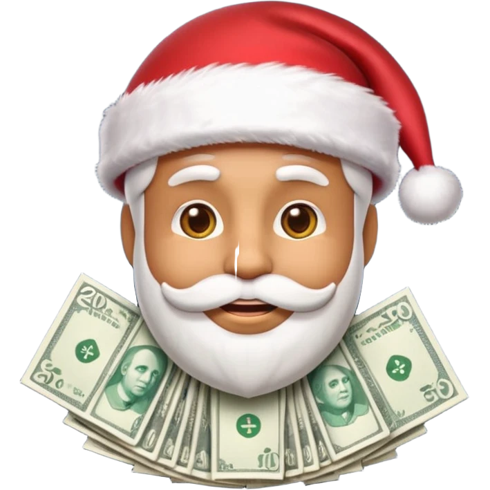 A confident rich emoji face wearing a Santa hat, money stacks, casino vibe, New Year theme, premium 3D emoji style, sharp details, no text, isolated on transparent background emoji