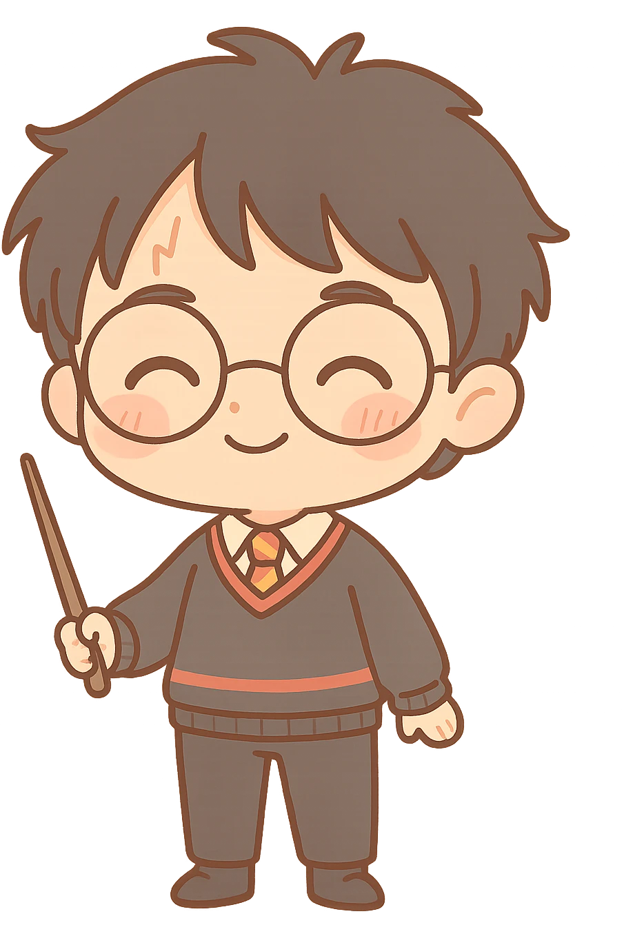 Chibi kawaii Harry Potter with exaggerated proportions (big head, small body), clean lines and dark brown thin outline, happy expression with closed arched eyes, subtle smile, rosy cheeks. Classic Gryffindor uniform: dark gray sweater with red and gold stripes, white shirt, red/gold striped tie, dark dress pants, black socks and shoes. Holding wand. Messy black hair, scar on forehead. Warm, earthy, pastel palette, light cel shading, neutral or transparent background. emoji