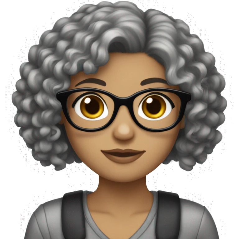 A White girl with curly black hair and glasses holding a Yorkie  emoji