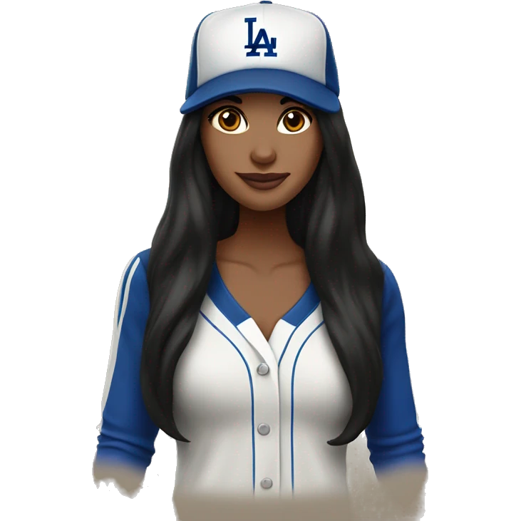 Woman, long black hair, fair skin, brown eyes, LA Dodgers hat, birthday party emoji