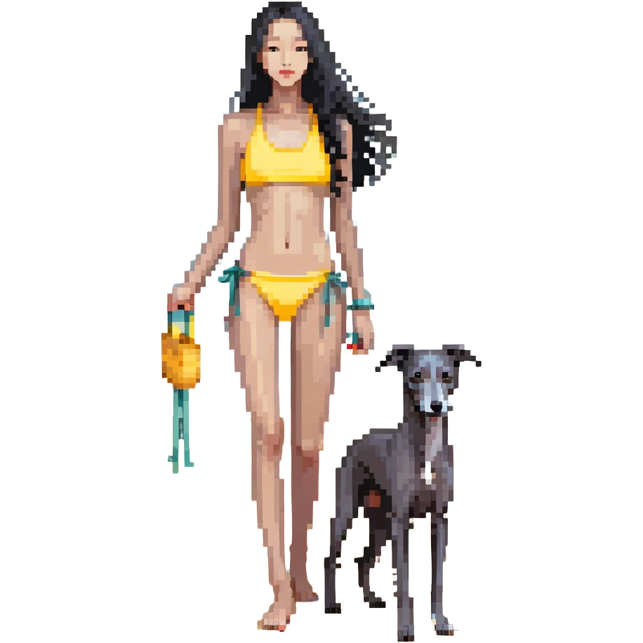 Slim Chinese woman with long black hair in appropriate beach attire at the beach with her completely solid grey Italian greyhound, ocean and sand visible, the dog has absolutely no white markings anywhere emoji