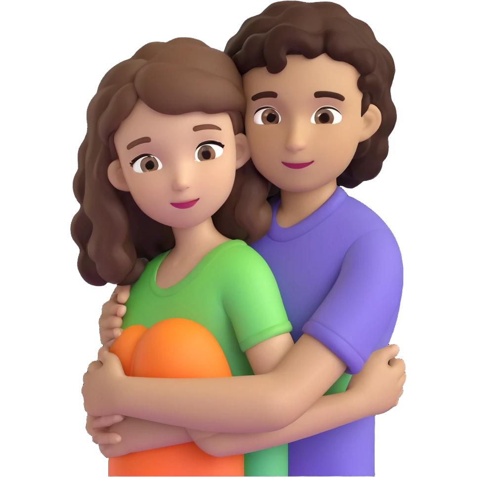 girl with long light brown hair and pale skin hugging a boy with short black curly hair and tanned skin emoji
