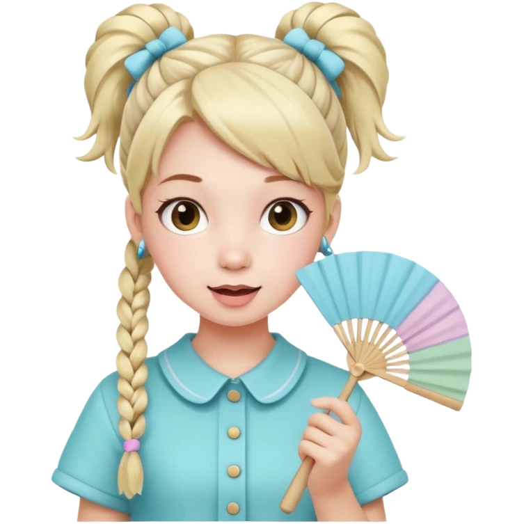 A pigtail girl in modern outfit using a pastel fan with playful expression. emoji