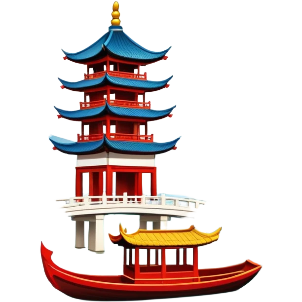 Hangzhou West Lake with traditional boat and bridge, simplified emoji style with bold outlines and bright colors, cartoon style pagoda by lake emoji
