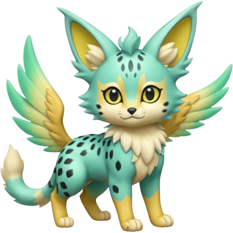 Epic complex detailed pastel minty green, pastel beige yellow pastel realistic aesthetic-scenic-Fakémon-Zorua-Litten-Trico-Sergal-Serval-Vernid-creature (full body) with far wings, shiny sparkly fairycore theme  emoji