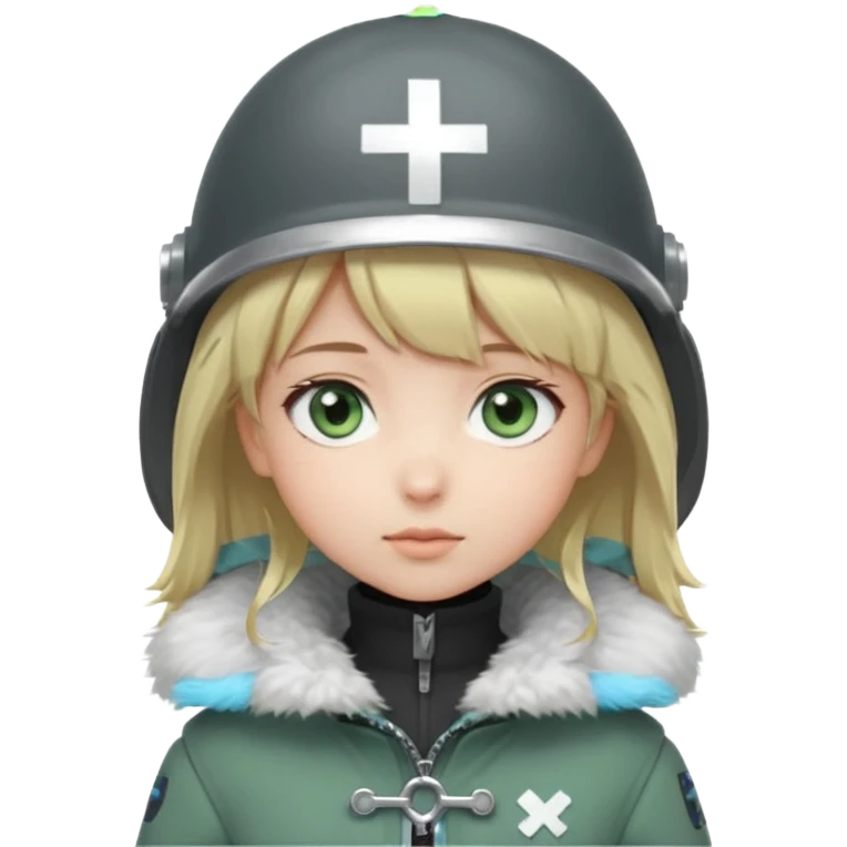 a cute anime girl with short blonde hair and soft bangs, large light blue eyes, and a gentle, calm expression. She is wearing a dark gray helmet with a small cross symbol on the front and a green coat with a fluffy white fur collar. Minimalistic, soft, and innocent character design. emoji