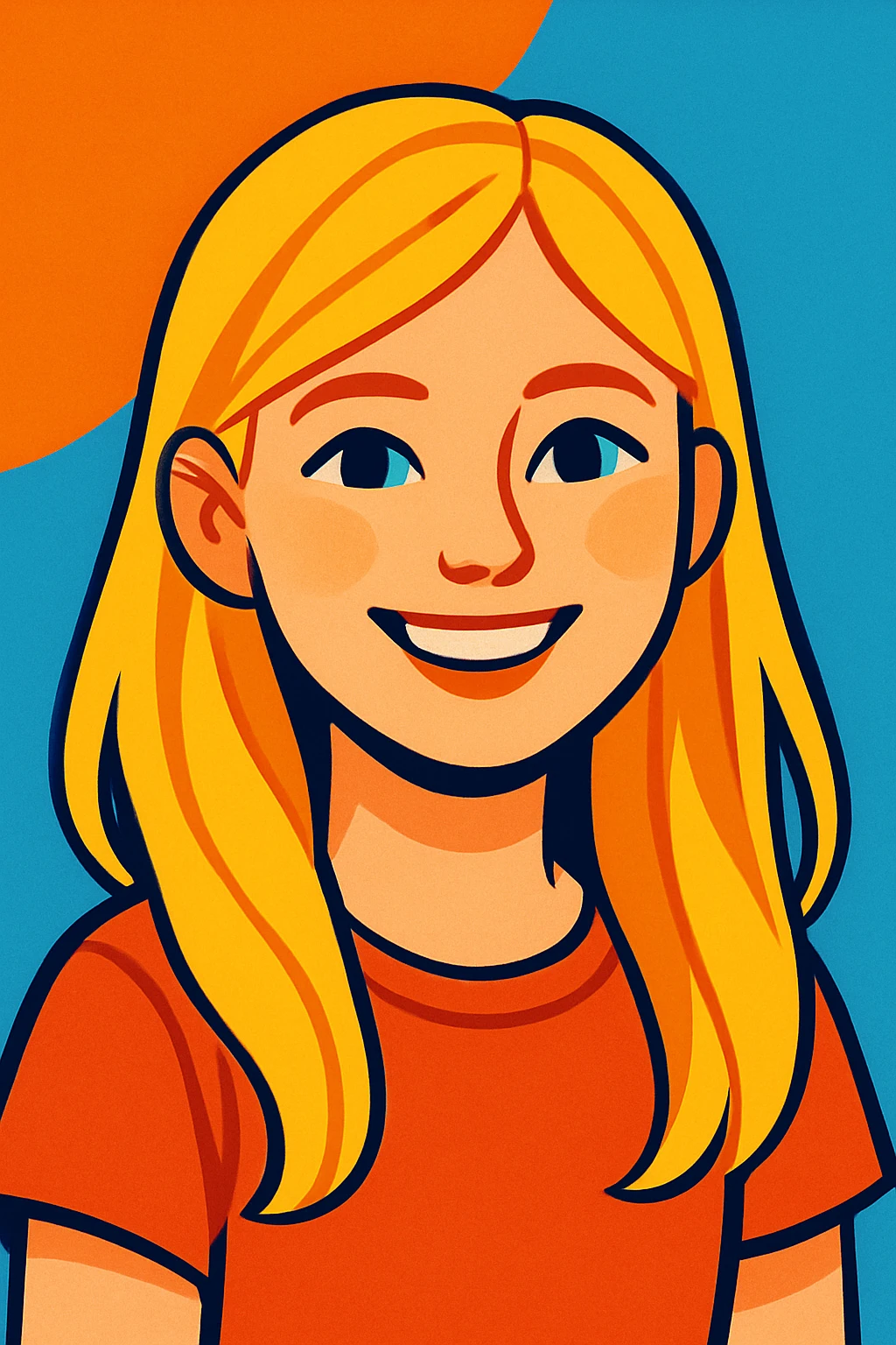 blonde girl, natural and warm smile, fair skin, long blonde hair, simple background, modern illustration emoji
