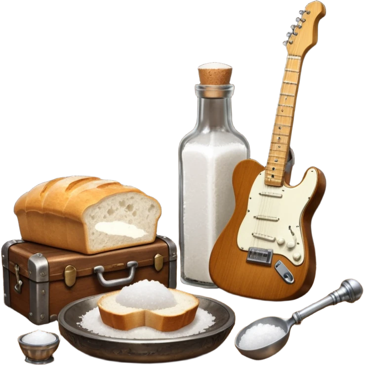 cinematic ultra HD steampunk victorian - a bottle of salt (salt shaker) and a loaf of peasant bread with a small electric telecaster guitar - still life composition emoji