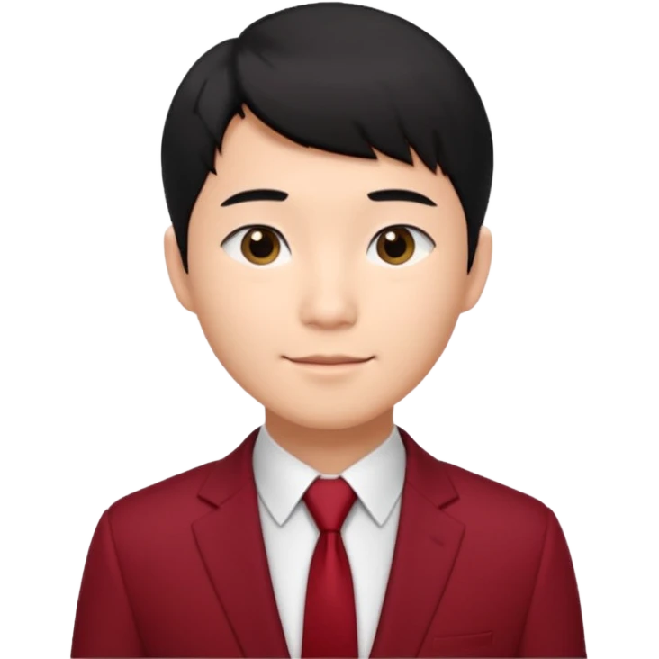 handsome Asian man emoji, short black hair with soft fringe, clean and elegant look, fair skin, gentle smile, wearing dark red suit and white shirt emoji