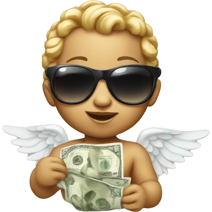 baby cupid with wings holding money and wearing sunglasses emoji