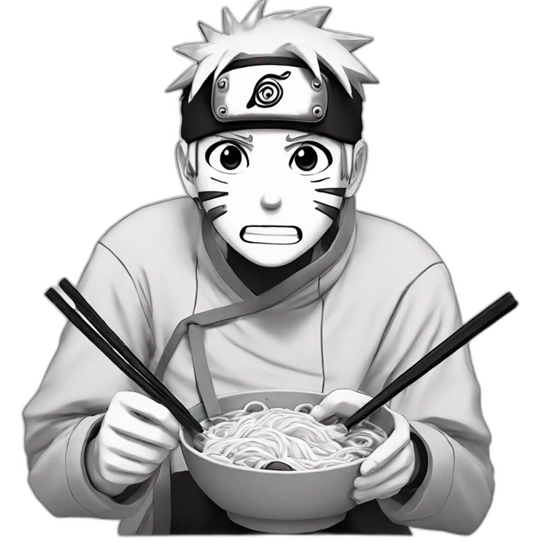 Naruto eating ramen in black and white emoji