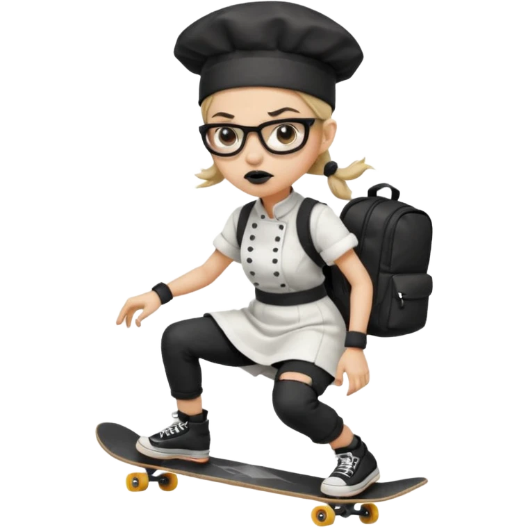 ["An angry woman with light skin, ponytail, wearing a chef hat and square glasses, dressed in goth fashion, is skateboarding while holding a backpack."] emoji