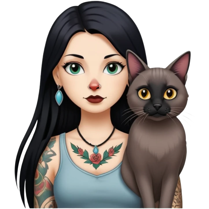 white girl with long black  straight hair and tattoos and  a German long eared cat with black nose emoji