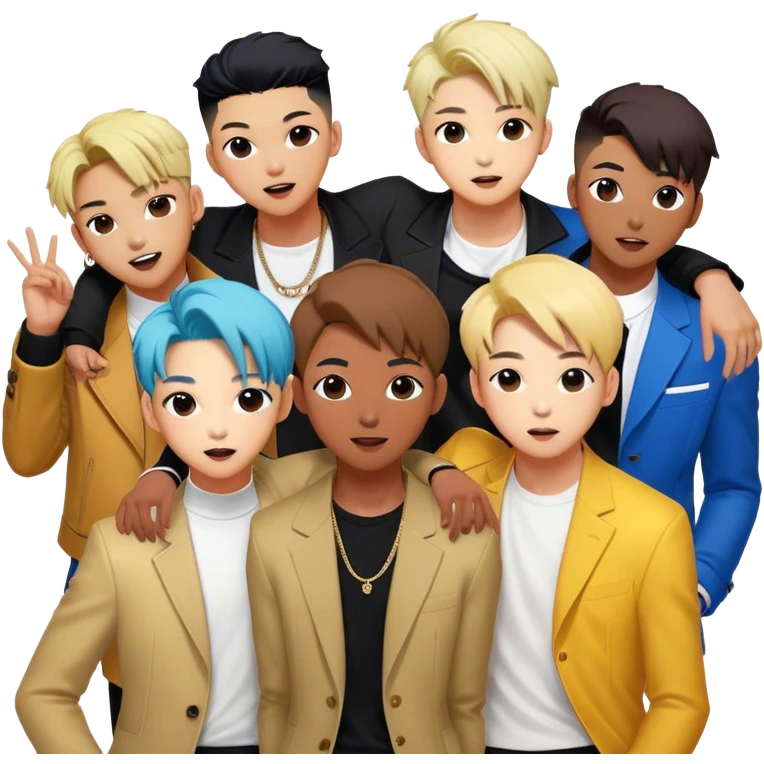 Cinematic Realistic BTS Portrait Emoji, depicted as a dynamic energetic portrayal of the global K-pop group with stylish modern attire and vibrant expressions, rendered with rich textures and bold contemporary lighting that captures their youthful charisma. emoji