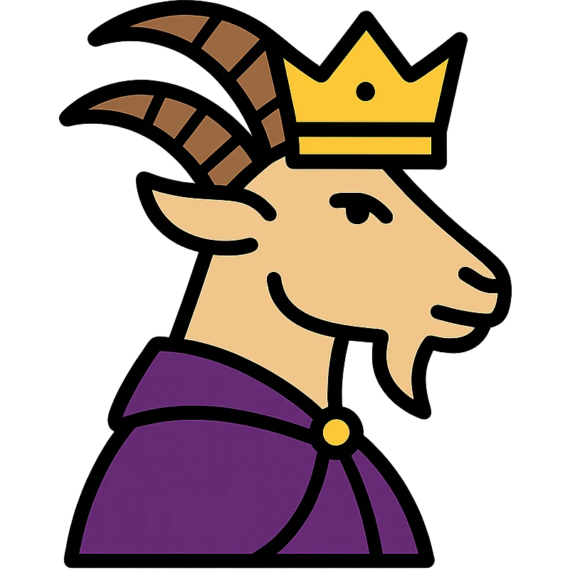a goat wearing a gold crown and a purple cape, regal and proud, clean modern icon style emoji