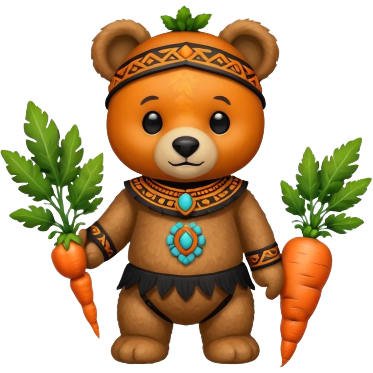 teddy bear Upper, wearing black mayan ancient custome, with carrot half body emoji