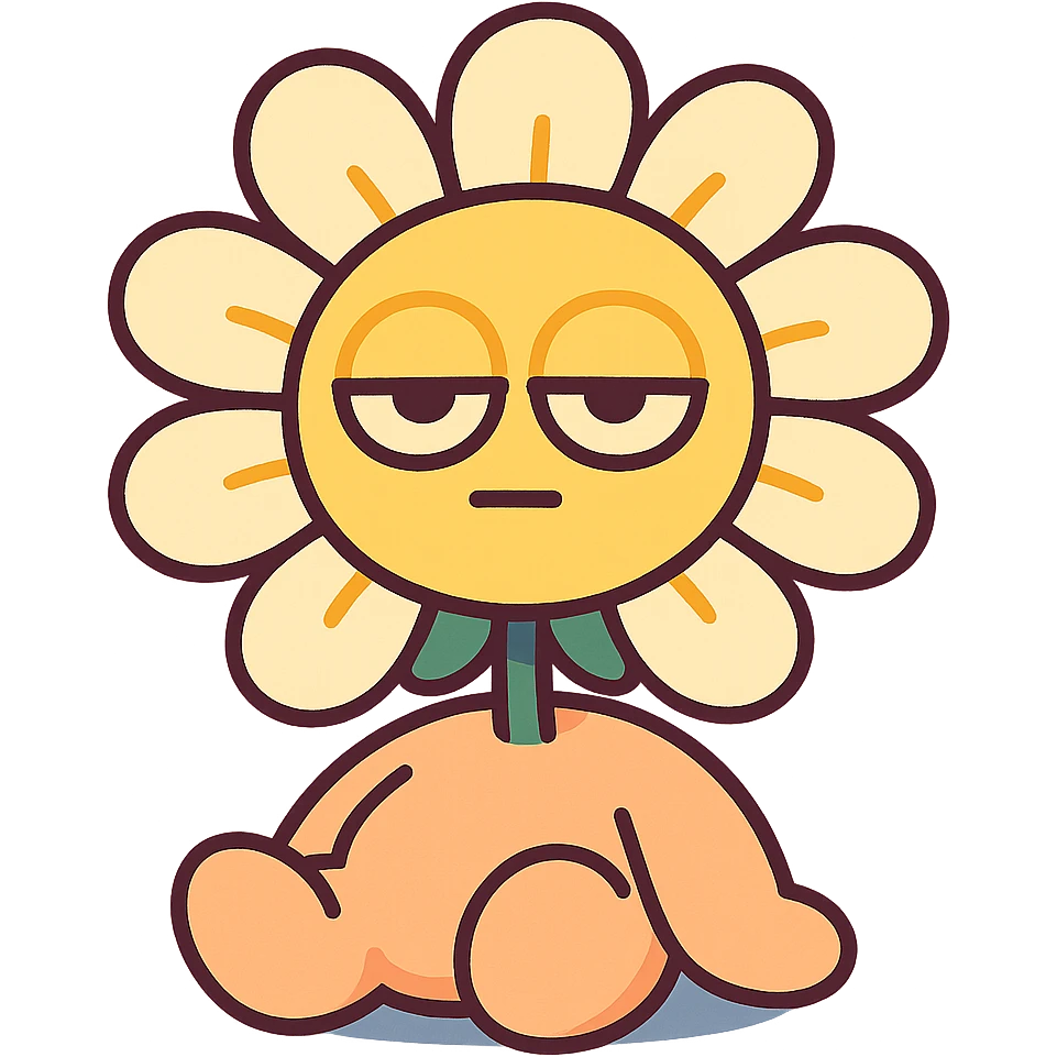 creamy white daisy flower with sleepy half-lidded eyes, sitting down with a blank stare, extremely soft round pastel character, vibrant-toon style emoji