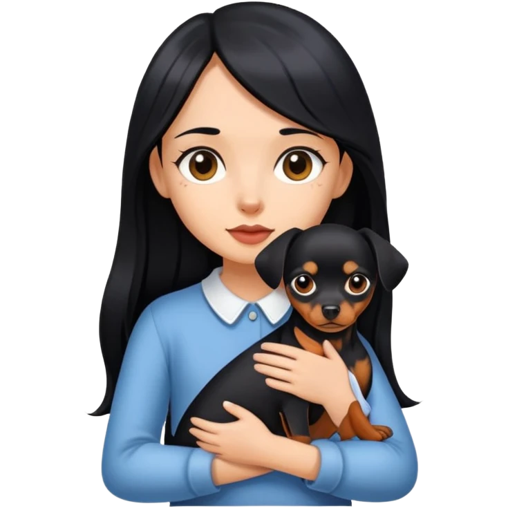 A girl with long black hair holding a Pinscher dog emoji