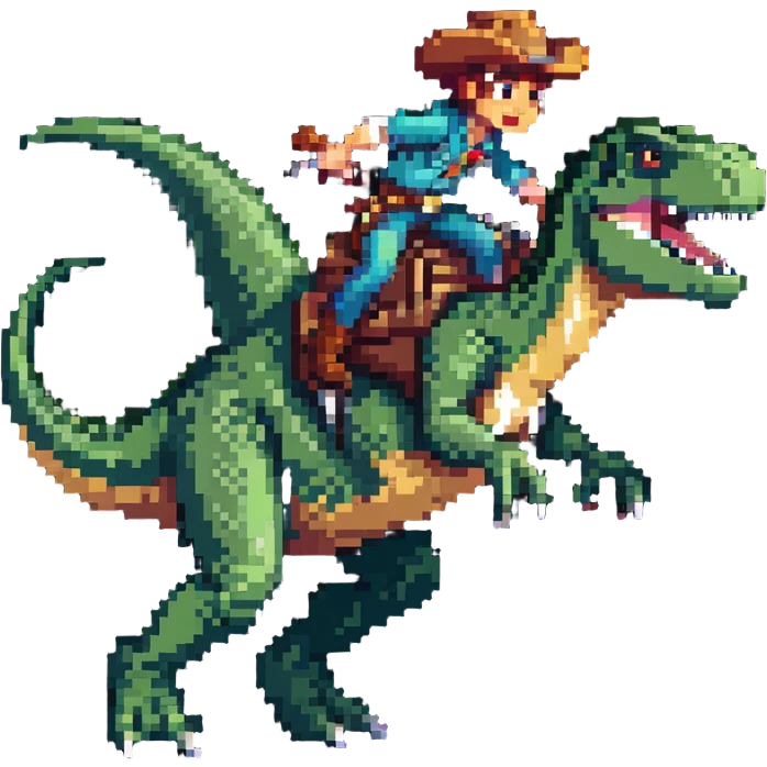 cowboy sliding down the back of a t-rex, dynamic action pose emoji